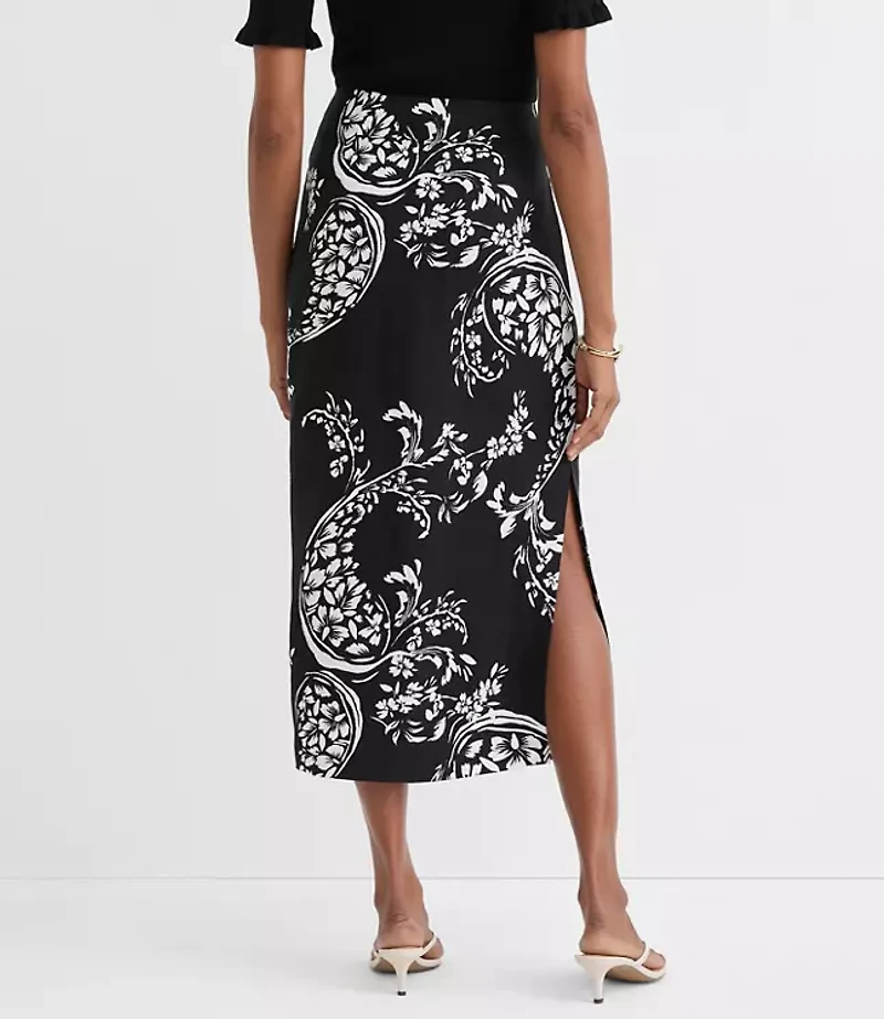 Petite Floral Paisley Ruched Linen Blend Midi Skirt
