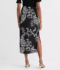 Petite Floral Paisley Ruched Linen Blend Midi Skirt