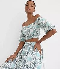 LOFT Beach Palm Poplin Puff Sleeve Crop Top