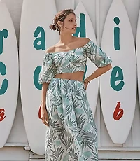 LOFT Beach Palm Poplin Puff Sleeve Crop Top