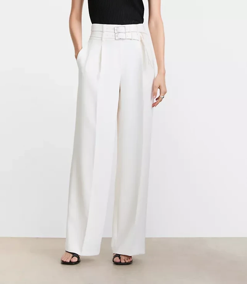 LOFT Versa Crepe Drape Double Belted Wide Leg Pants