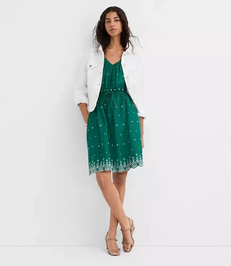 Eyelet Puff Sleeve Mini Pocket Dress