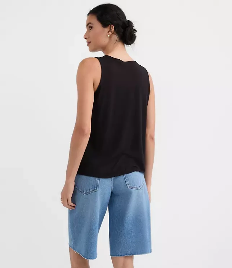 Pleated V-Neck Mixed Media Shell