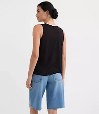 Pleated V-Neck Mixed Media Shell