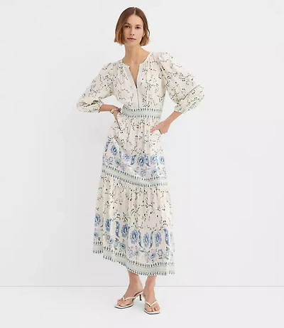 Border Floral Flounce Midi Dress