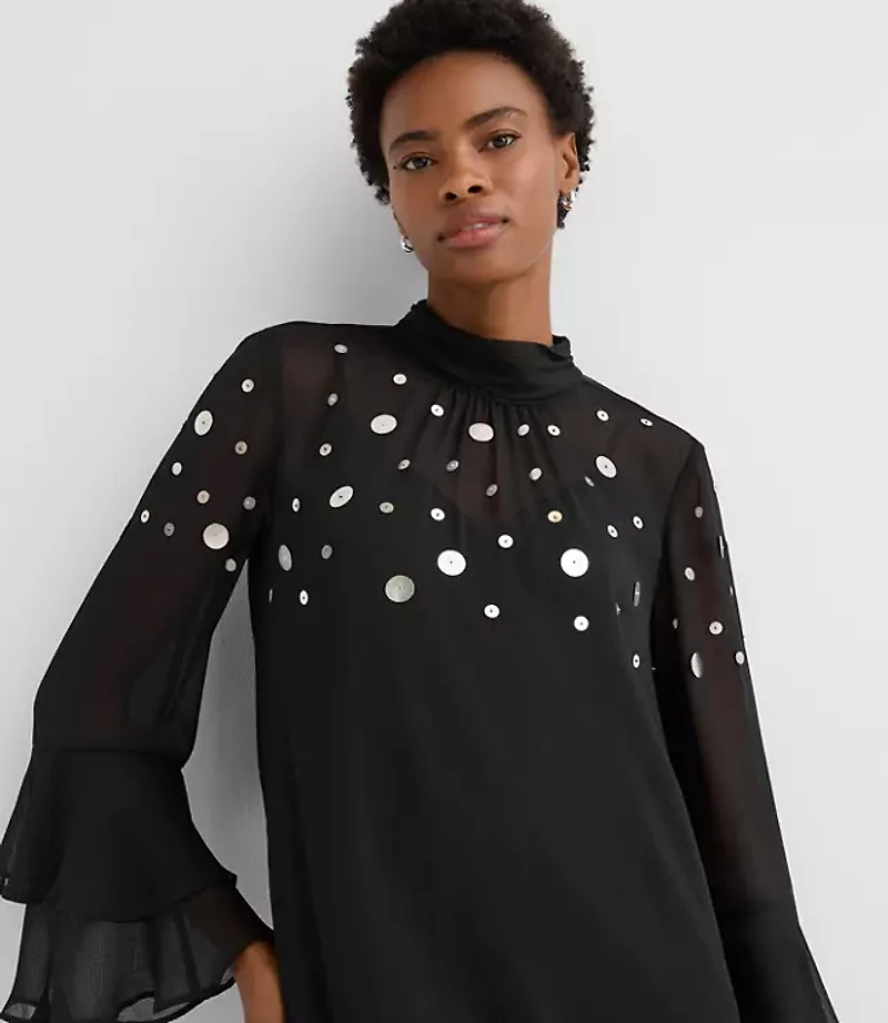 Sequin Ruffle Mock Neck Mini Dress