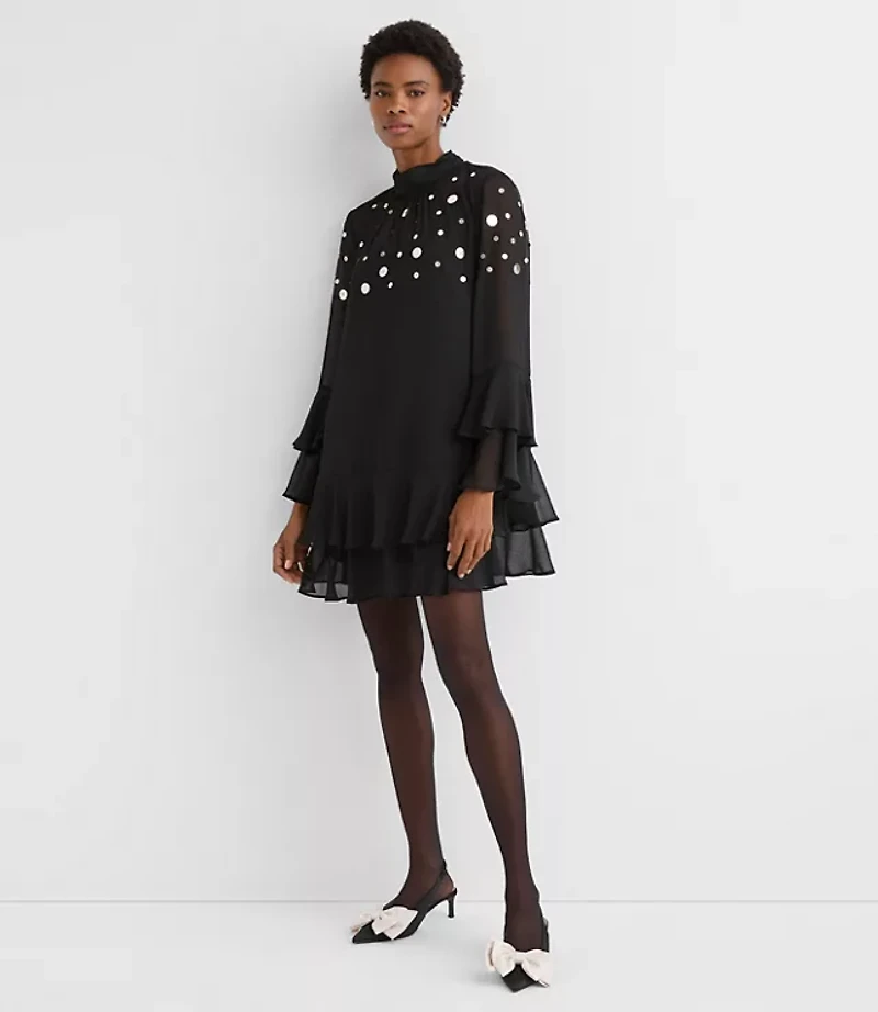 Sequin Ruffle Mock Neck Mini Dress