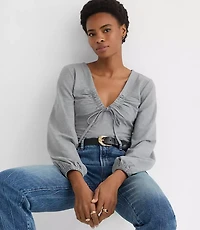 Petite Heathered Cinched Tie Neck Top