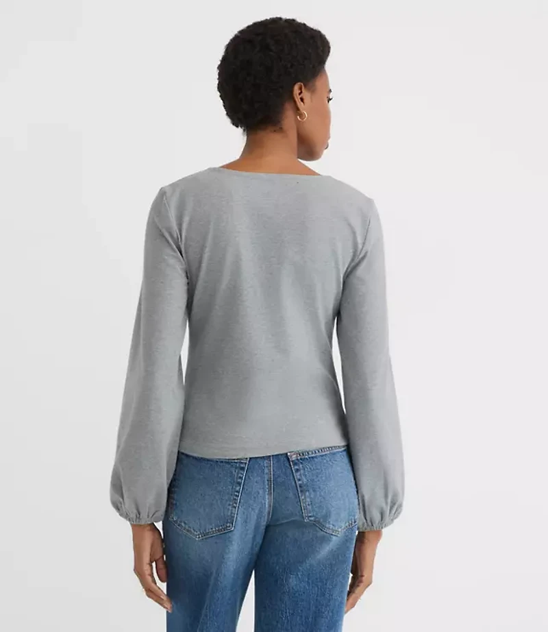 Petite Heathered Cinched Tie Neck Top