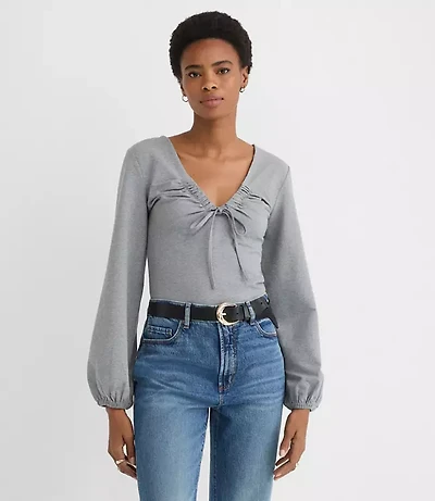 Petite Heathered Cinched Tie Neck Top