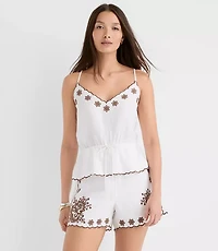 Floral Embroidered Linen Blend Tie Waist Cami