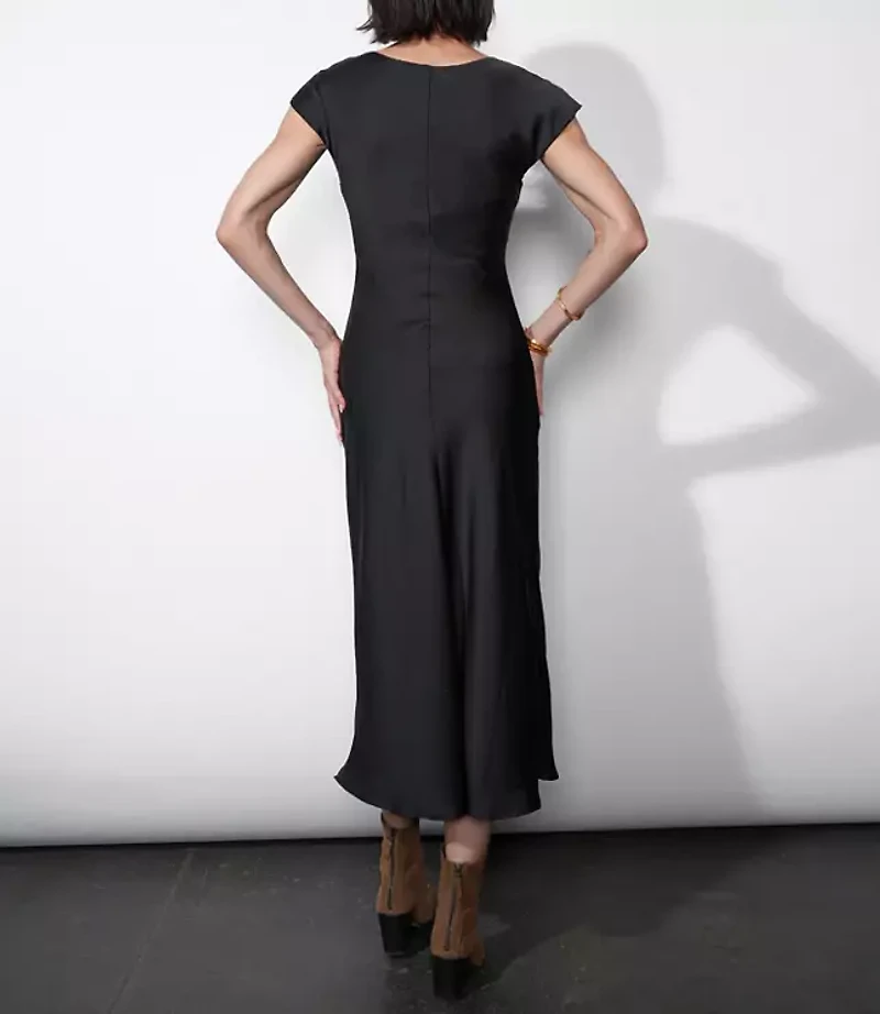 Greylin Inez Neck Drawstring Satin Midi Dress