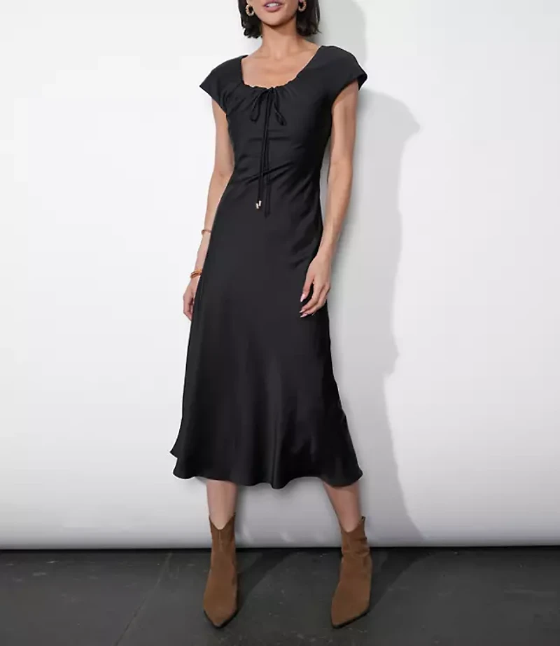 Greylin Inez Neck Drawstring Satin Midi Dress