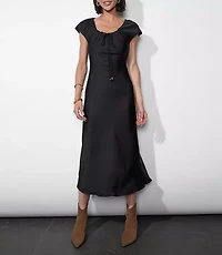 Greylin Inez Neck Drawstring Satin Midi Dress