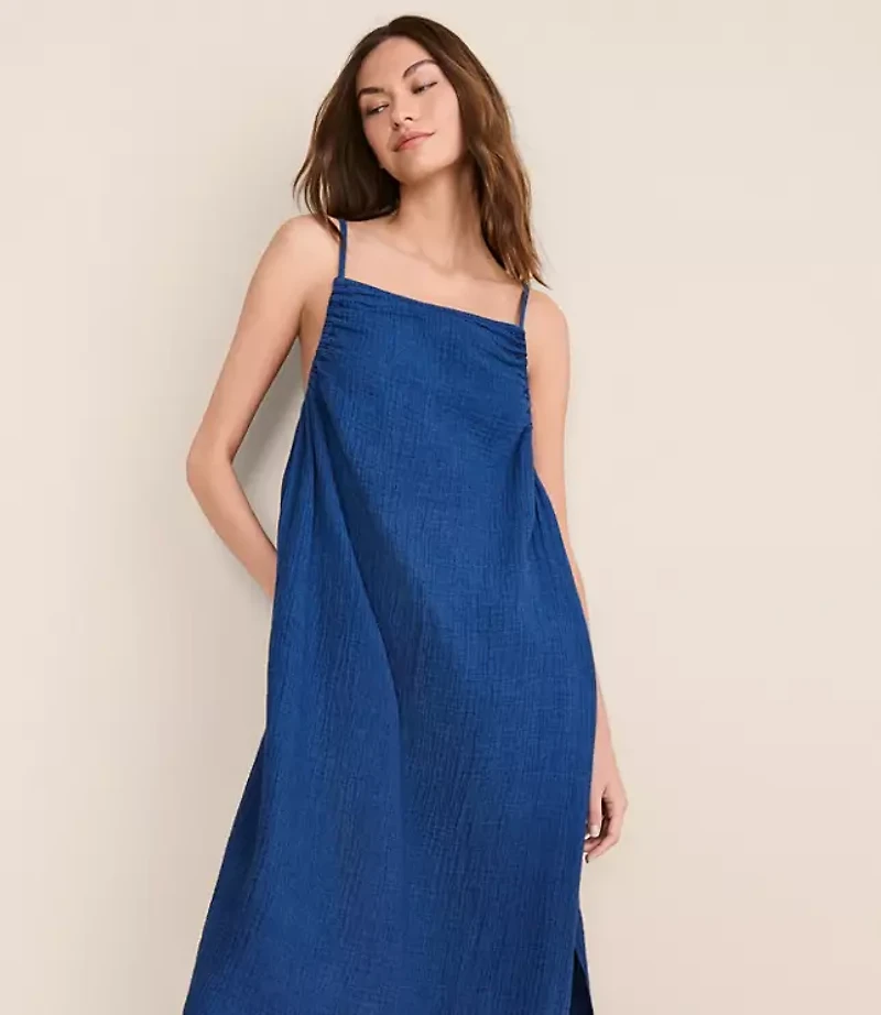Petite Lou & Grey Denim Washed Double Cloth Strappy Midi Pocket Dress