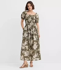 Petite Floral Smocked Puff Sleeve Midi Dress