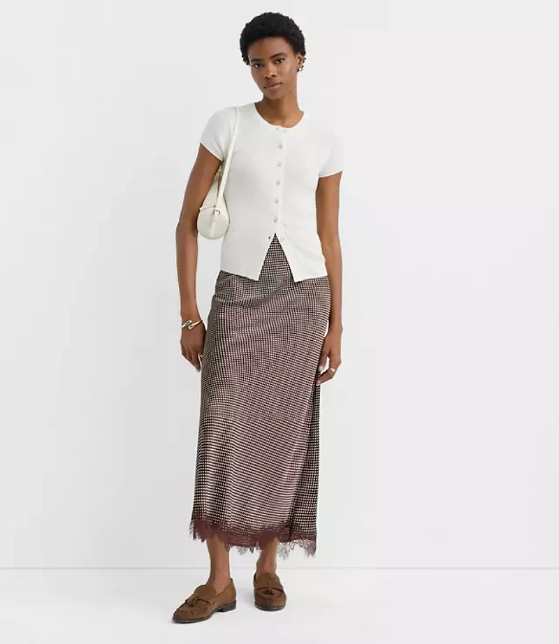 Pindot Lace Trim Satin Bias Maxi Skirt