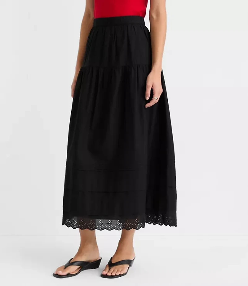 Scalloped Eyelet Pintucked Maxi Skirt