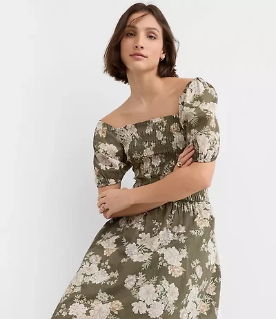 Floral Smocked Puff Sleeve Midi Dress
