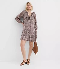 Petite Snake Print Ruffle Tie Neck Mini Dress
