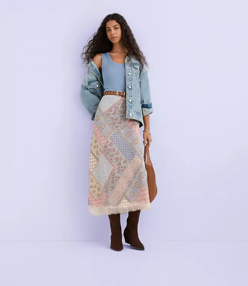 Petite Patchwork Lace Trim Bias Midi Skirt