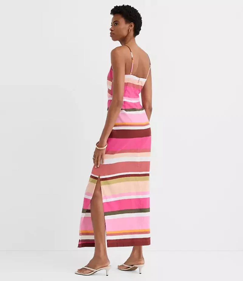 Striped Linen Cotton Strappy Midi Dress