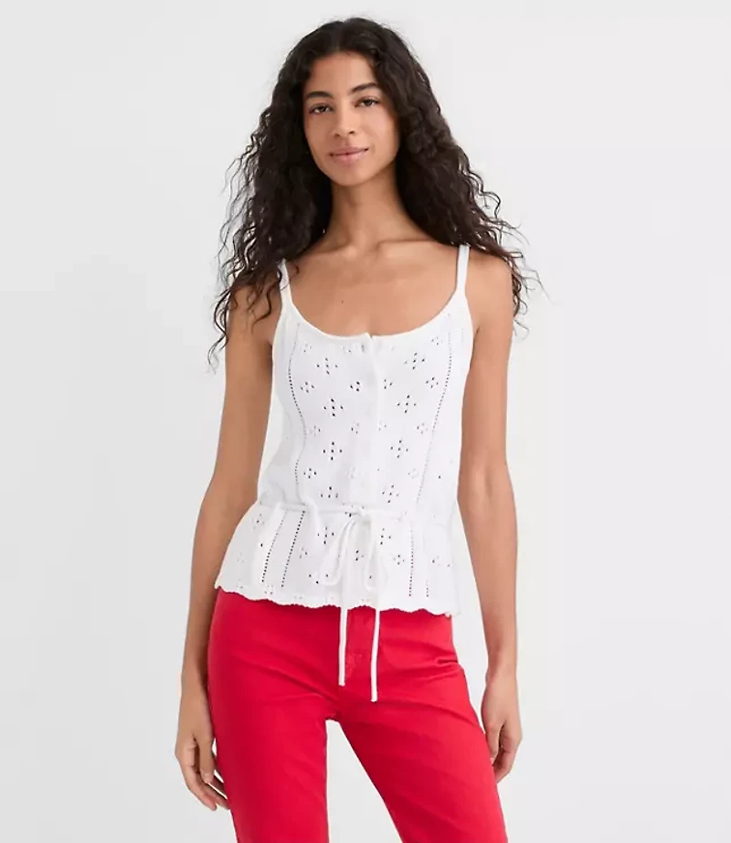 Tie Waist Pointelle Sweater Tank Top