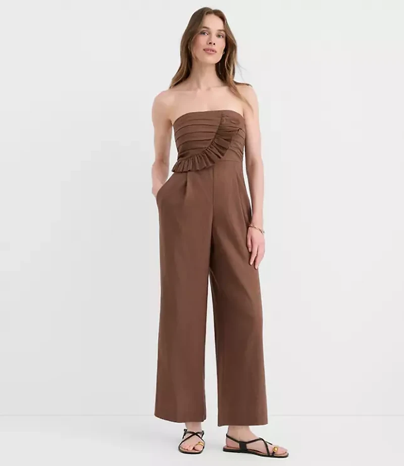 Ruffled Ruched Linen Cotton Strapless Jumpsuit