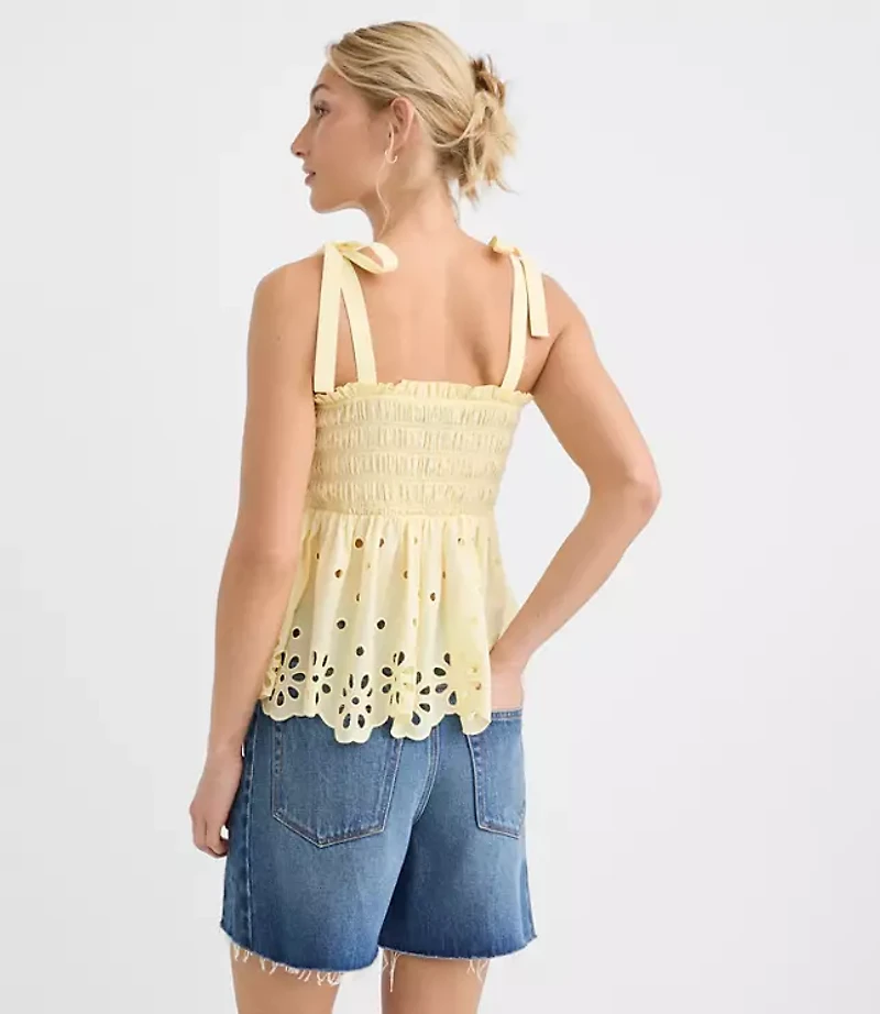 Floral Eyelet Tie Strap Smocked Peplum Cami