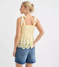 Floral Eyelet Tie Strap Smocked Peplum Cami