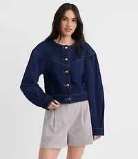 Petite Balloon Sleeve Denim Jacket Classic Rinse Wash