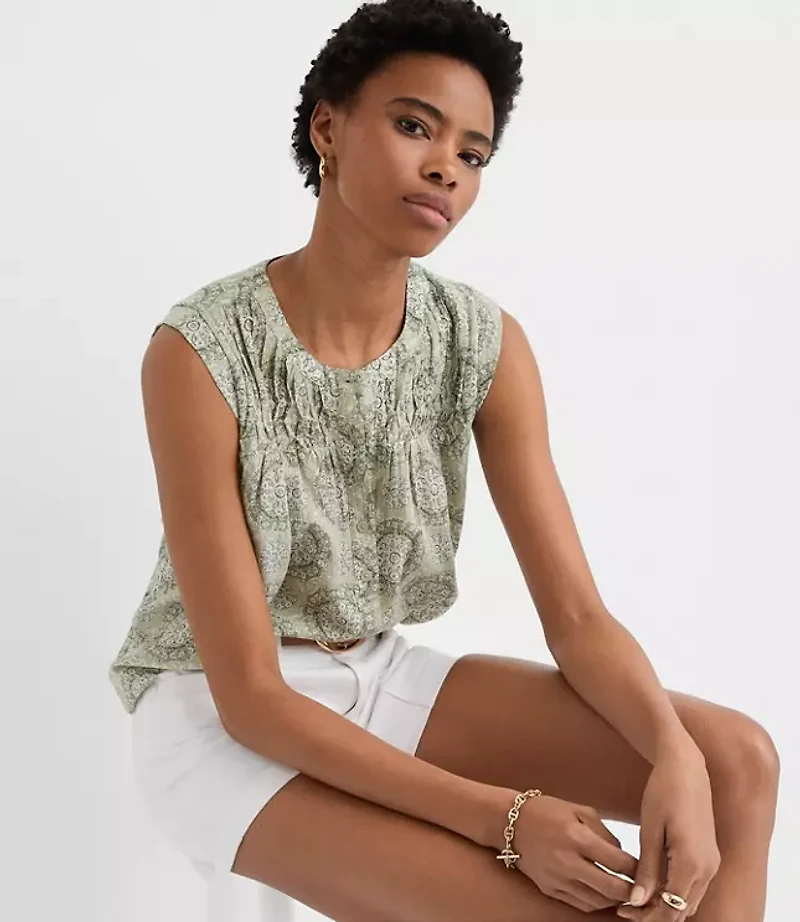 Tiled Pleated Yoke Mixed Media Shell