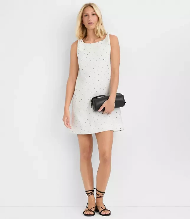 Dotted Linen Cotton Tie Boatneck Mini Dress