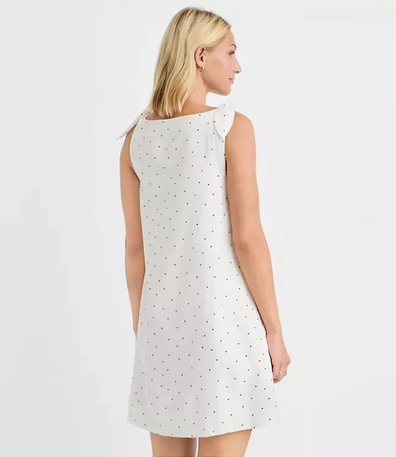 Dotted Linen Cotton Tie Boatneck Mini Dress