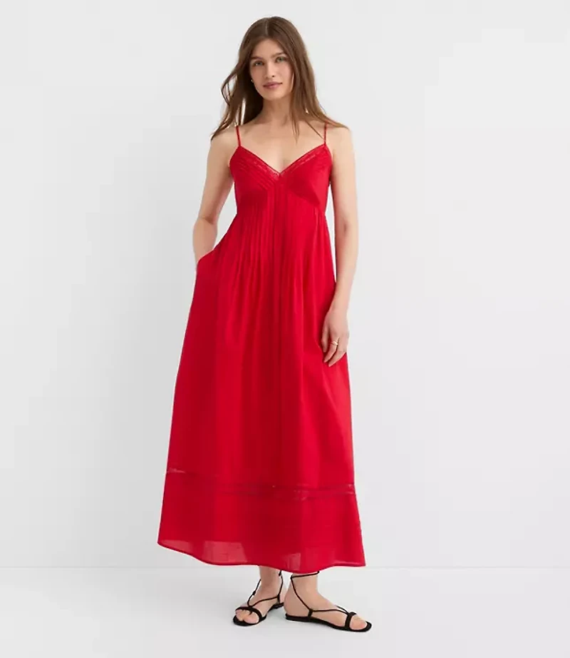 Strappy Lace Trim Pintucked Midi Pocket Dress