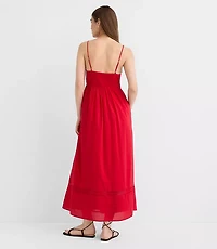 Strappy Lace Trim Pintucked Midi Pocket Dress