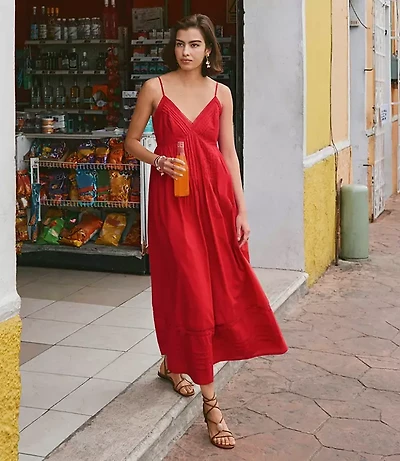 Strappy Lace Trim Pintucked Midi Pocket Dress