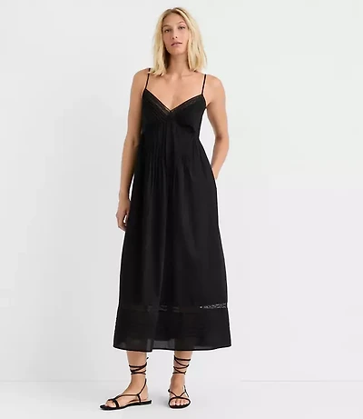 Strappy Lace Trim Pintucked Midi Pocket Dress