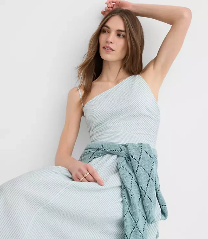 Petite Stripe Asymmetrical Ruched Midi Dress