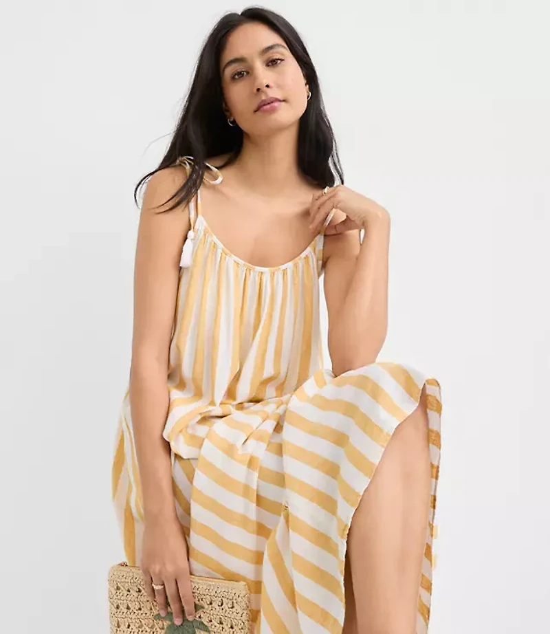 LOFT Beach Striped Tie Strap Linen Cotton Maxi Dress
