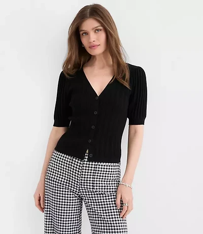 Pointelle Puff Sleeve V-Neck Cardigan