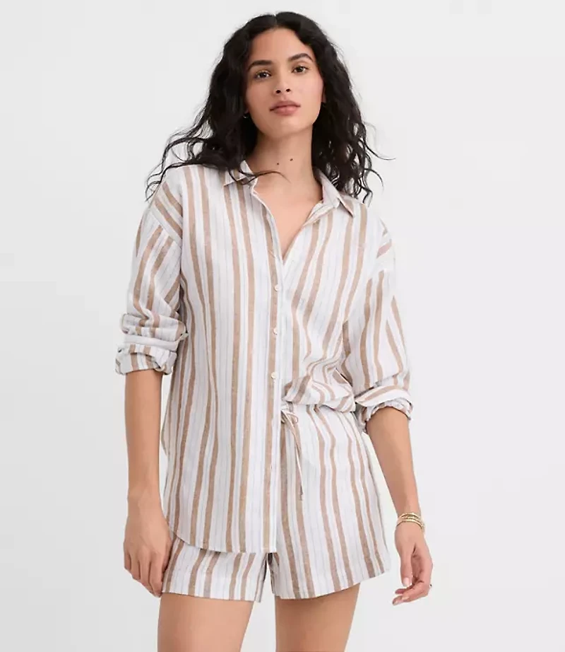 Petite Striped Linen Cotton Everyday Oversized Shirt