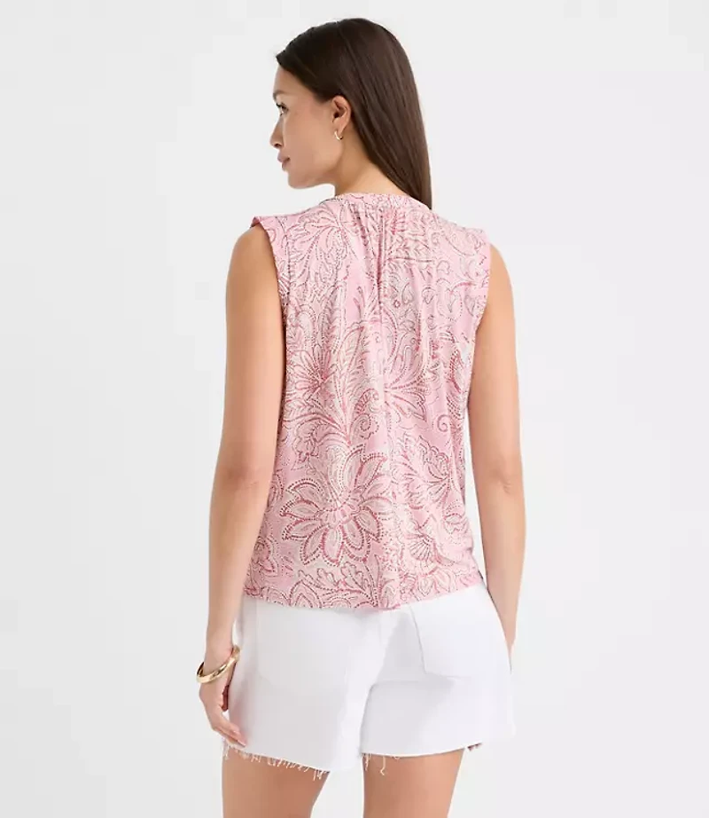 Floral Pleated Yoke Mixed Media Shell