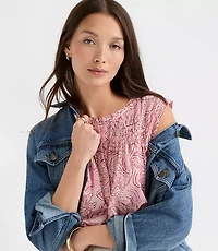 Floral Pleated Yoke Mixed Media Shell