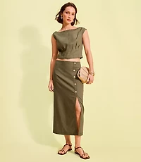 Linen Cotton Button Trim Midi Skirt