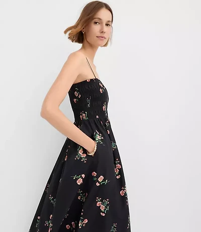 Petite Floral Poplin Smocked Strappy Maxi Dress