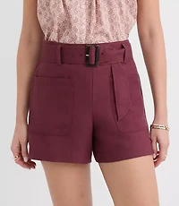 Petite Belted Patch Pocket Shorts Linen Blend