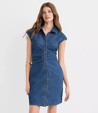 Petite Denim Ruched Mini Pocket Dress Dark Wash