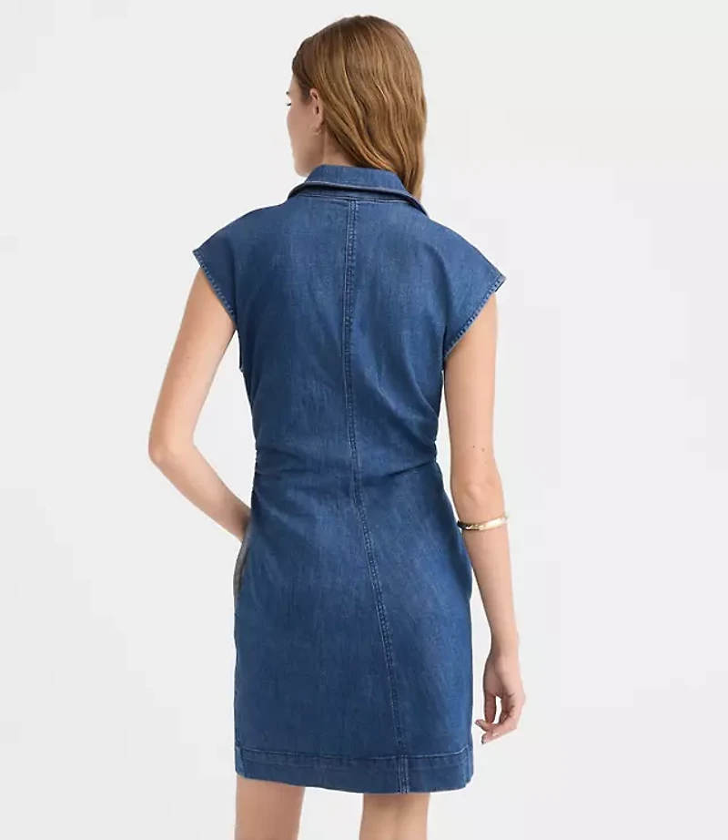 Petite Denim Ruched Mini Pocket Dress Dark Wash
