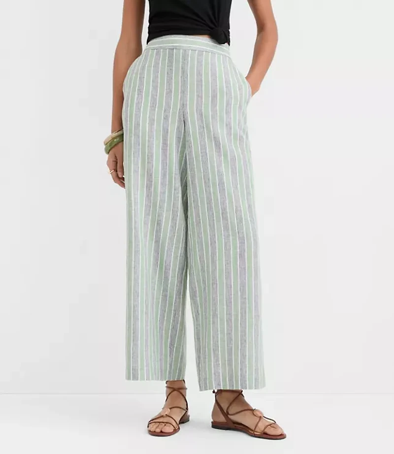 Pull On Wide Leg Pants Striped Linen Cotton